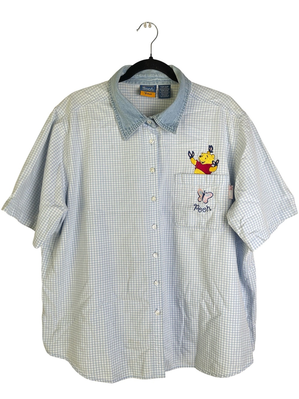 Vintage Pooh Woman Light Blue Gingham Short Sleeve Button-Down Shirt Size 22-24W